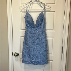 May Queen Blue Sleeveless Halter Bodycon Mini Dress